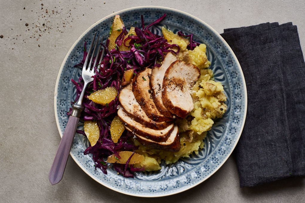 Teriyaki-Hähnchenbrust mit Rotkohl und Kartoffelstampf