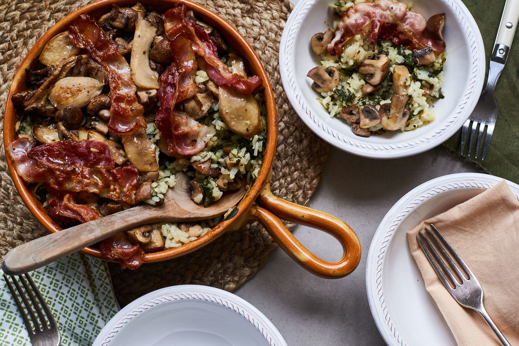 Risotto aus dem Ofen mit Speck, Pilzen und Spinat
