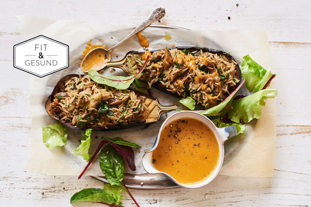 Gefüllte Aubergine mit Feigenreis und Kormasauce