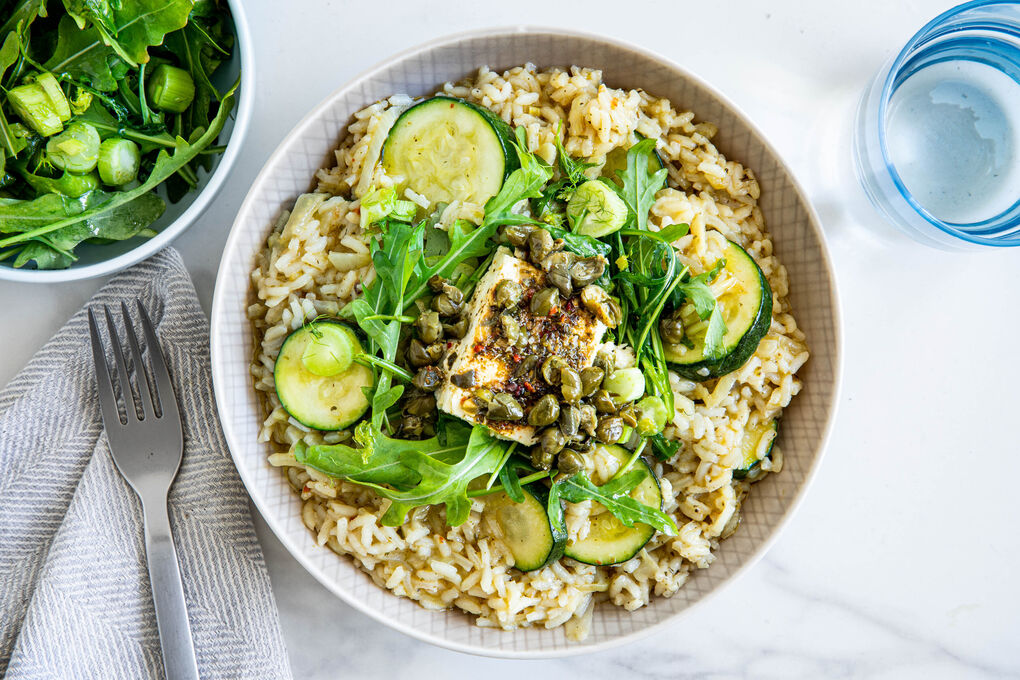 Fenchelrisotto mit gebackenem Feta fein-würzig mit Rucola und Zucchini