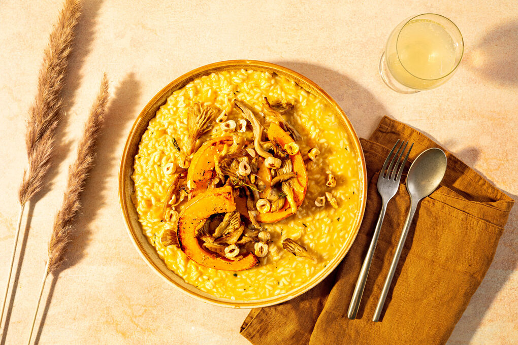 Special: Risotto mit Ofenkürbis garniert mit Austernpilzen und Haselnüssen