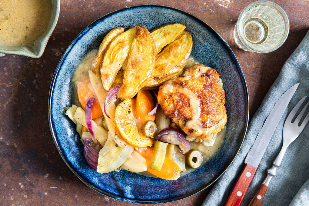 Special: Hähnchen an Fenchelgemüse mit Orange und gebackenen Kartoffeln