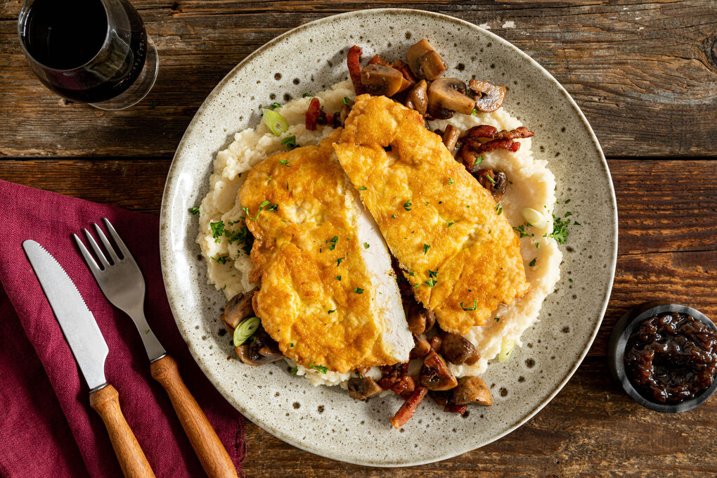 Hähnchen-Piccata mit Käse Low Carb dazu Pilzgemüse und Selleriemousse