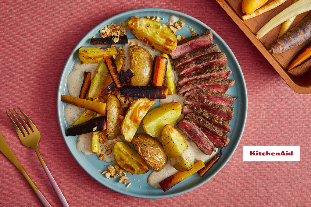 Special: Rindersteak mit Tahinidip dazu gebackenes Gemüse mit Haselnüssen