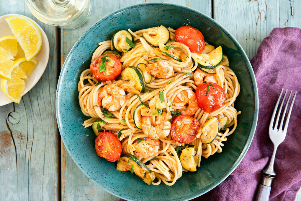 Superfix: Garnelen-Käse-Spaghetti mit Kirschtomaten und Zucchini