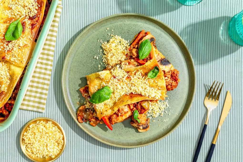 XXL: Vegane Lasagne bolognese mit Hafer-Béchamel und Panko-Topping
