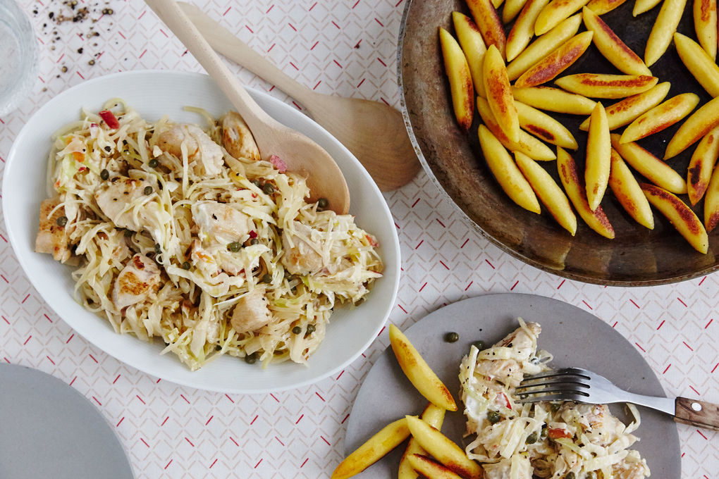 Zarte Hühnchenbrust mit Schupfnudeln und Spitzkohl-Gemüse