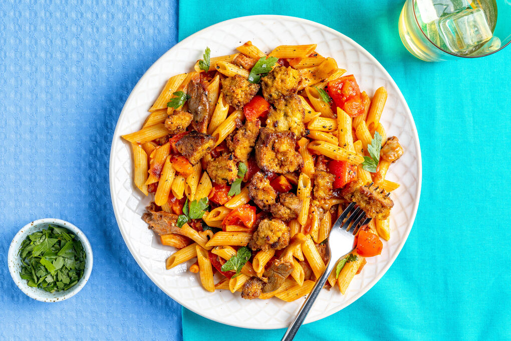 Pasta mit Tofu Amatriciana-Style vegan mit Austernpilzen und Petersilie