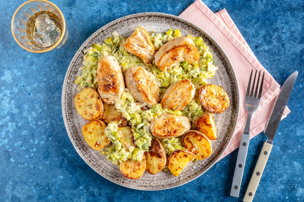 Hähnchenmedaillons in Rahmsauce mit Lauch, dazu geröstete Kartoffeln