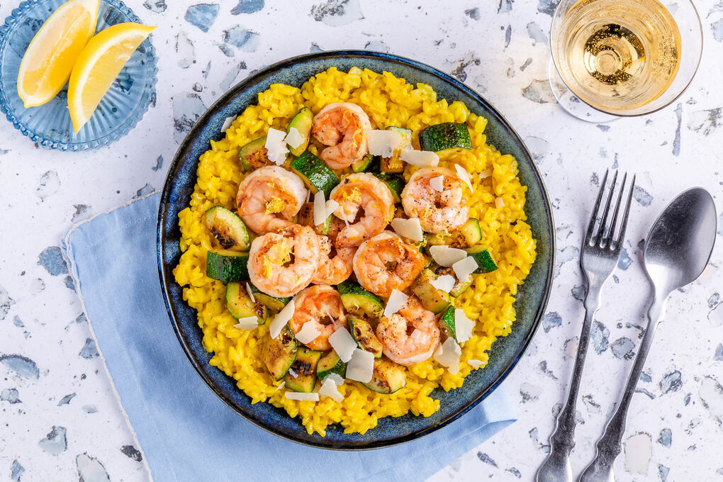 Safran-Garnelen-Risotto mit Zucchini und Zitrone