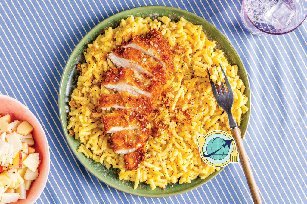 Special V2: Saftiges Bio-Hähnchenschnitzel an Trüffel-Käsespätzle & Apfel-Kohlrabi-Salat