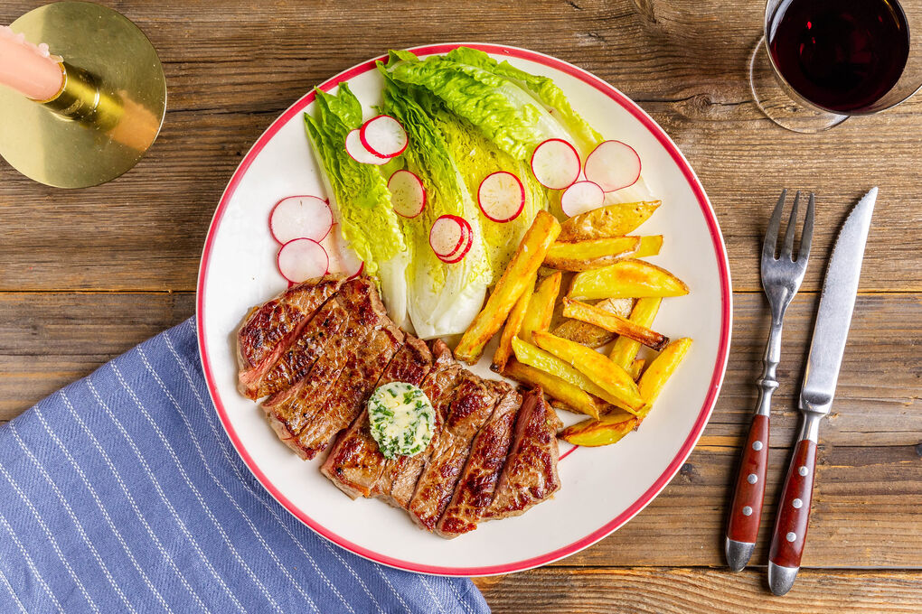 Special V2: Bio-Steak frites mit Schnittlauchbutter und Salat