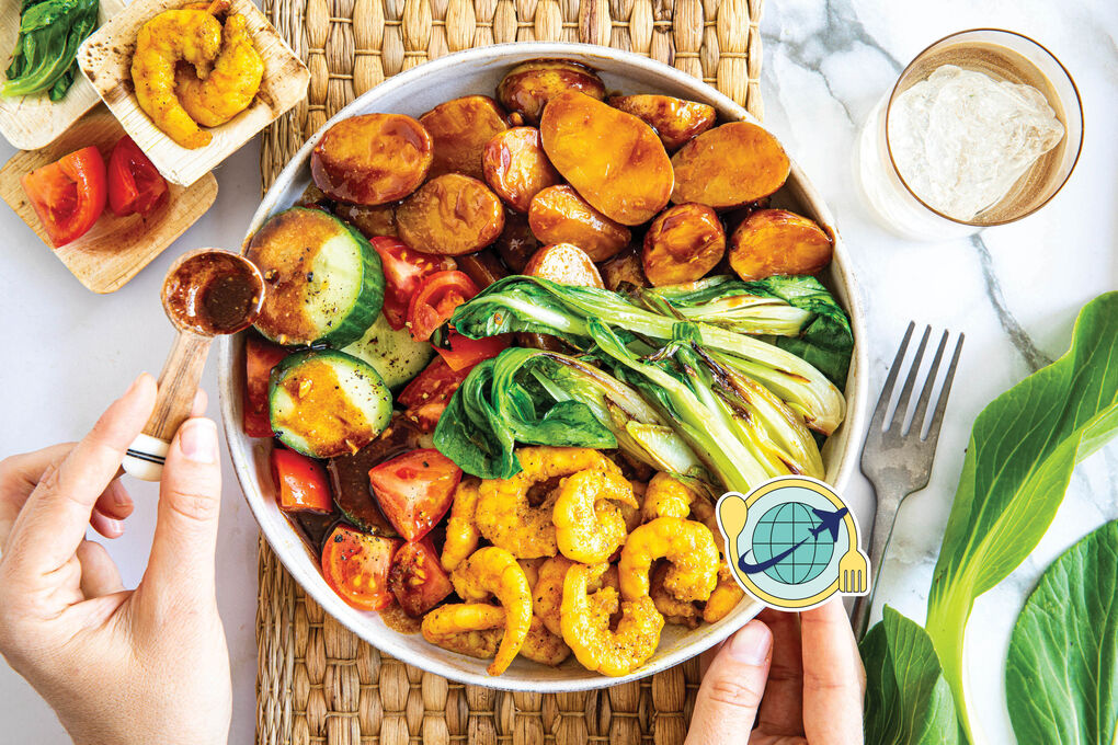 Special <650kcal: Indonesische Garnelen-Bowl mit Kartoffeln und Erdnussdressing