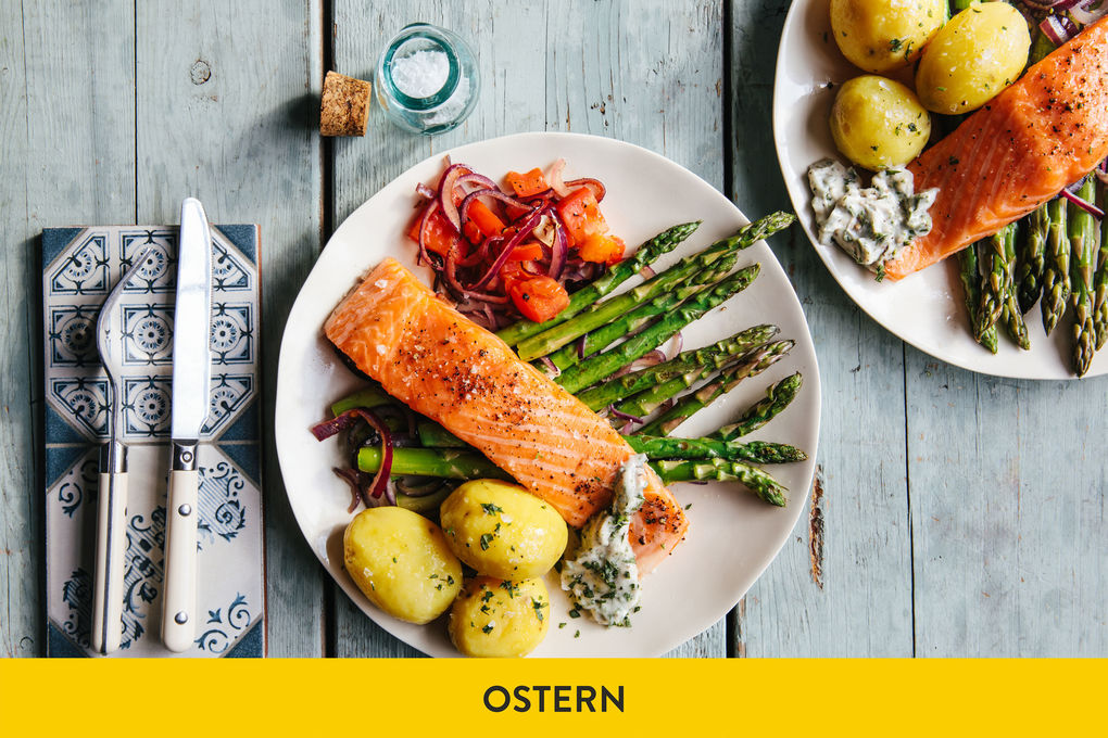 75°-Lachs mit grünem Spargel dazu Kartoffeln mit Estragonmayo
