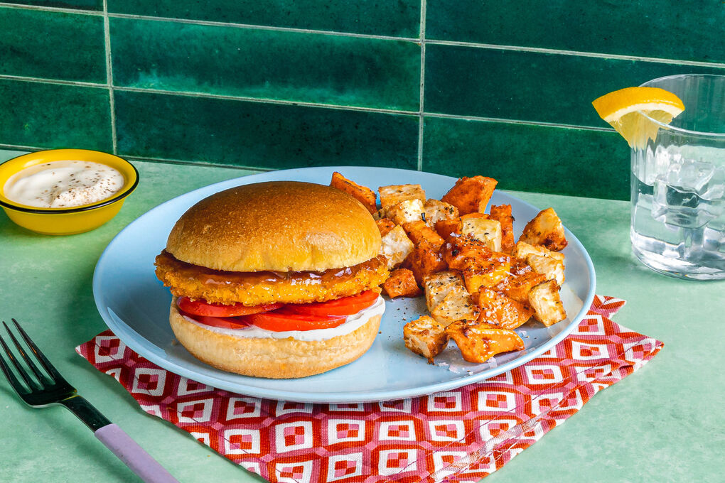 Indischer „Hähnchen“-Burger mit Ofengemüse und Knoblauch-Joghurt-Dip