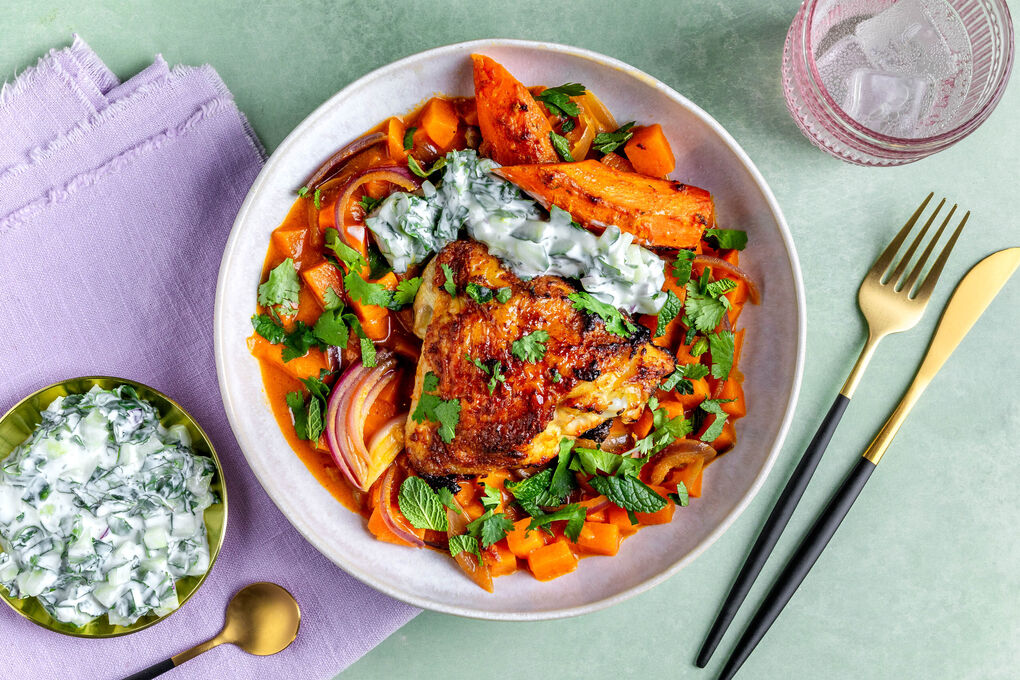 Feines Tandoori-Hähnchen mit Süßkartoffeln und Gurkenraita