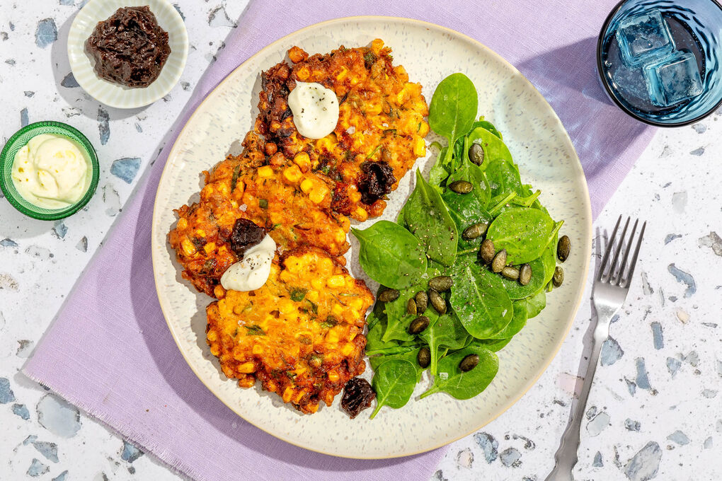 Pikante Mais-Feta-Krapfen Cajun-Style mit Spinatsalat und Grüne-Tomaten-Chutney