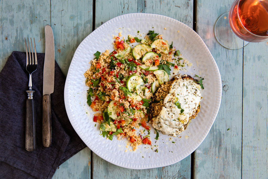 Gefüllte Portobello-Pilze mit Estragon-Ziegenkäse und Couscous