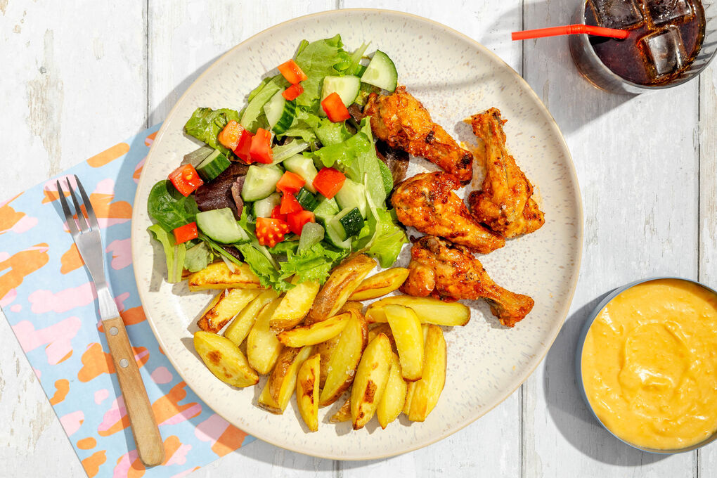 Buffalo-Wings mit Ofenpommes und Cheddarsauce dazu ein erfrischender Tomaten-Gurken-Salat