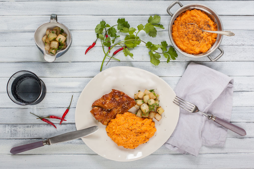 Miso Seelachs mit Süßkartoffel püree und gebratenem Kohlrabi