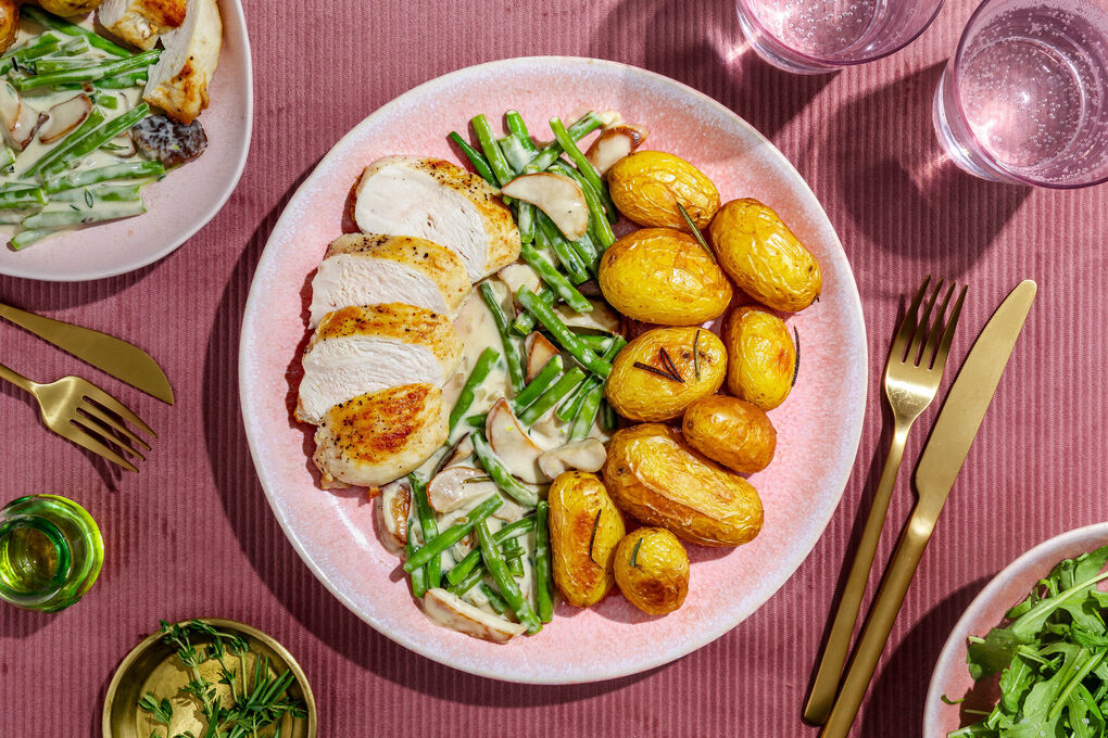 Getrüffeltes Hähnchenbrustfilet mit Kräuterseitlingen und Rosmarinkartoffeln