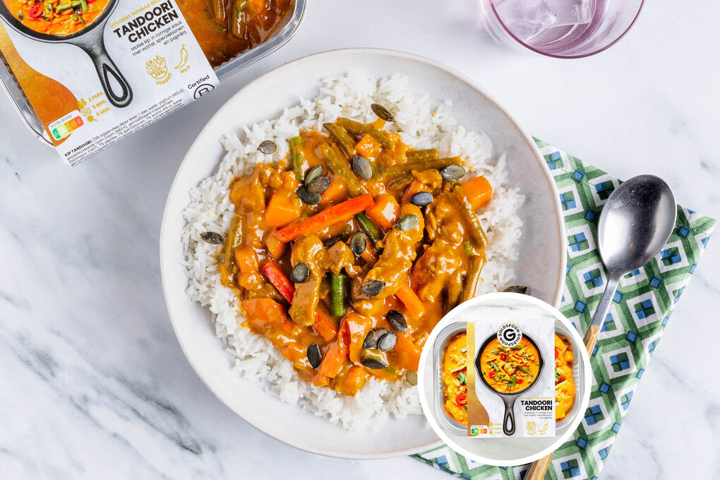 Tandoori-Hähnchencurry mit Express-Reis und Kürbiskernen