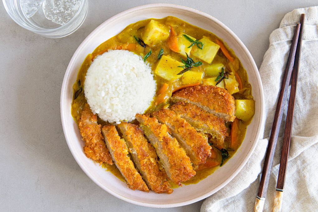 Veganes Schnitzel mit Katsu-Curry dazu Sushireis
