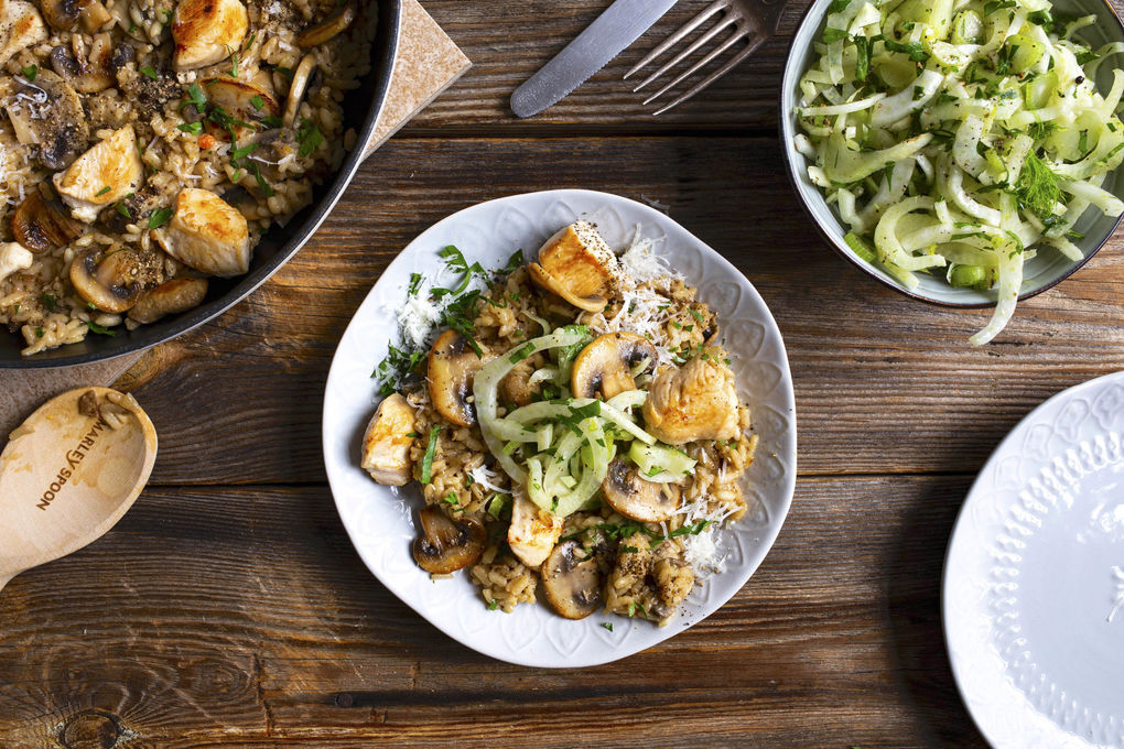Champignon-Hähnchen-Risotto mit frischem Fenchelsalat