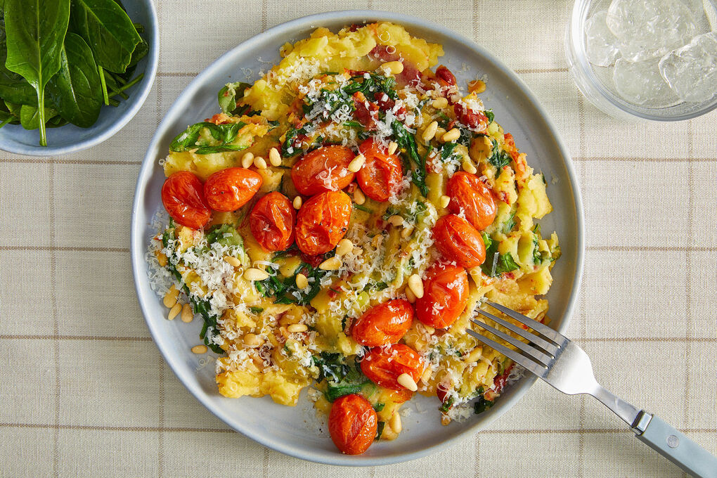 RS Feiner Kartoffel-Spinat-Stampf mit zweierlei Tomaten und Spinatsalat