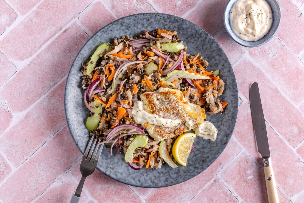 Zarter Seehecht mit Meerrettichsauce und lauwarmem Linsen-Gemüse-Salat