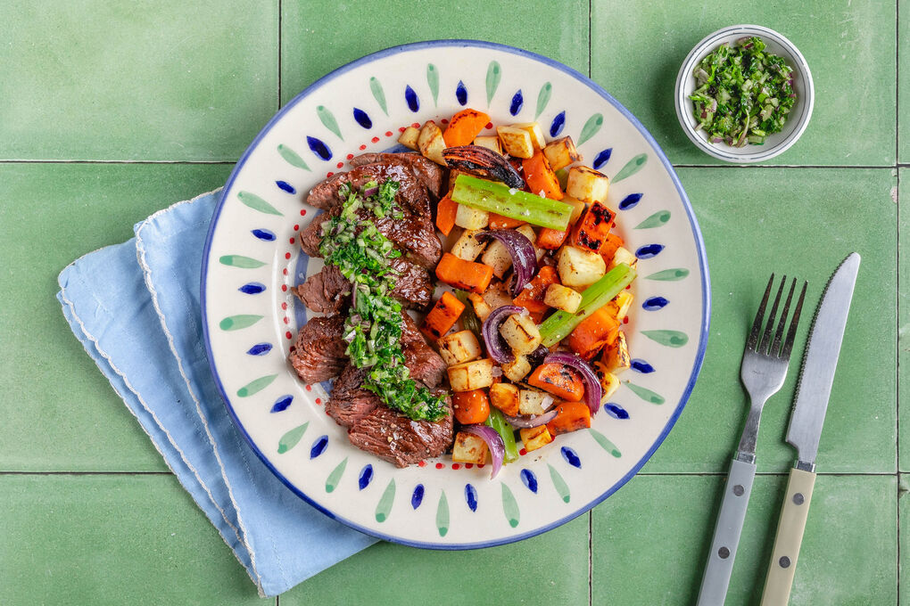 Rindersteak mit Chimichurri Low Carb mit buntem Selleriegemüse