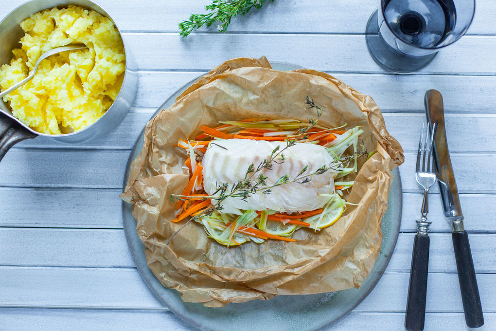 Kabeljau-Gemüse Papillote mit Kartoffelstampf