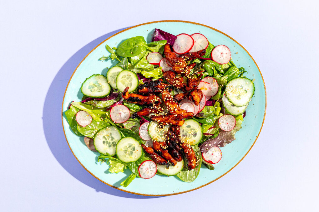 Japanischer Hähnchensalat mit Radieschen dazu eingelegte Gurken und Sesam