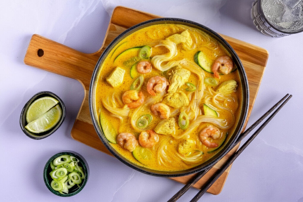 Garnelen-Glasnudelsuppe mit Zucchini mit Kokosmilch und gelber Currypaste