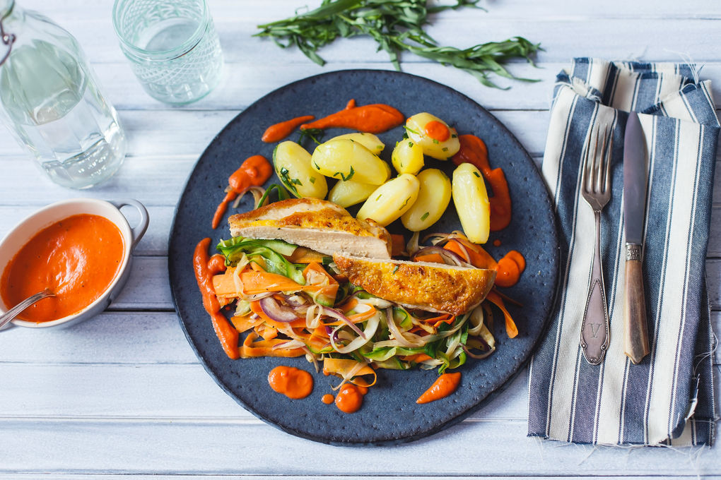 Saftiges Hühnchen auf Gemüse-Tagliatelle und Tomatenbutter
