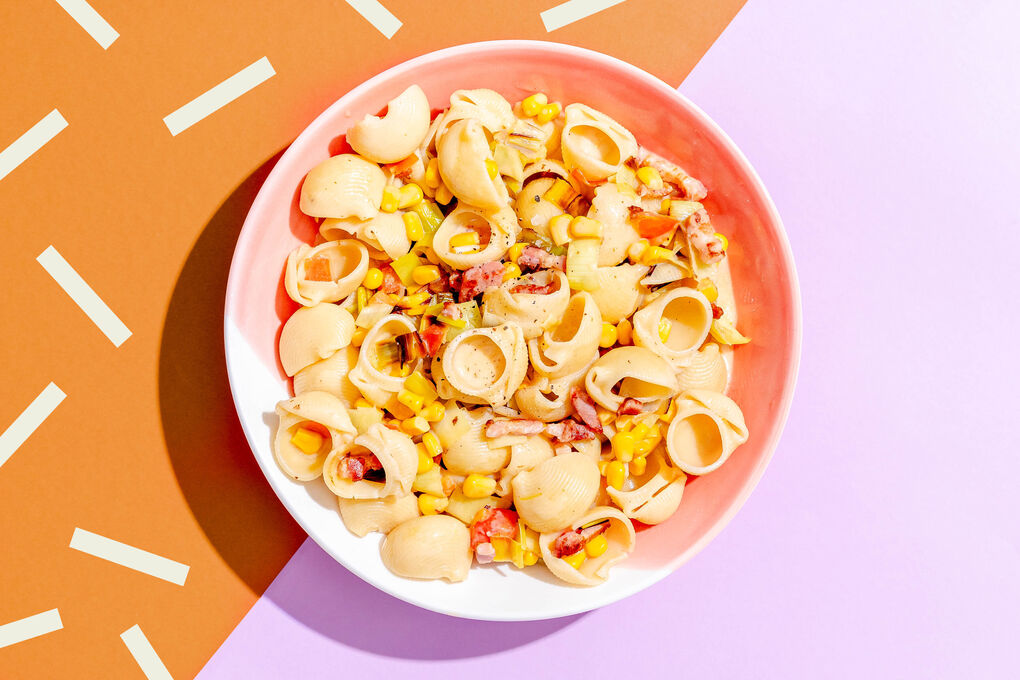 Conchiglie alla Carbonara mit samtiger Béchamelsauce, Mais und Lauch