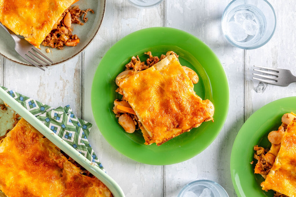 Rinderlasagne mit Cheddar-Béchamel mit deftigen weißen Bohnen
