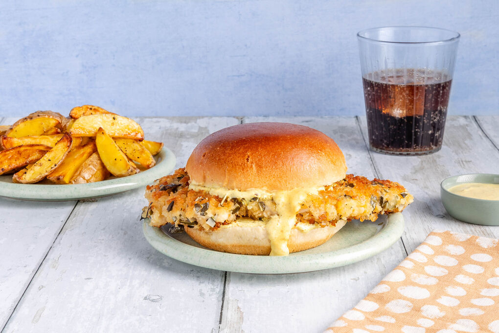 Herzhafter Hähnchenburger mit Ofenkartoffeln und Dip