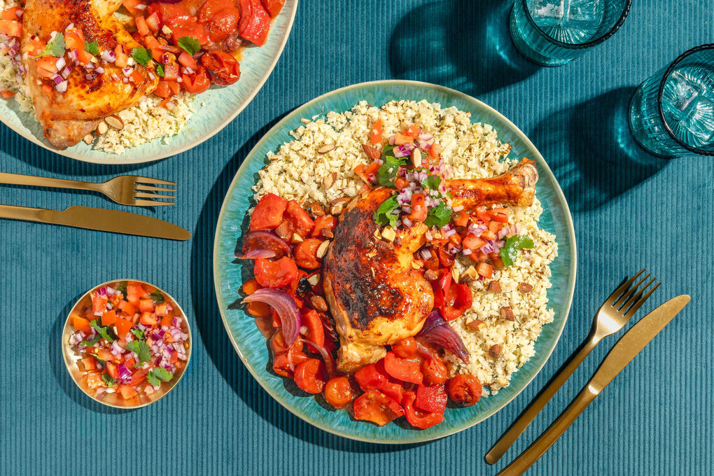 Feuriger Hähnchenschenkel mit Blumenkohlreis und Pico de gallo