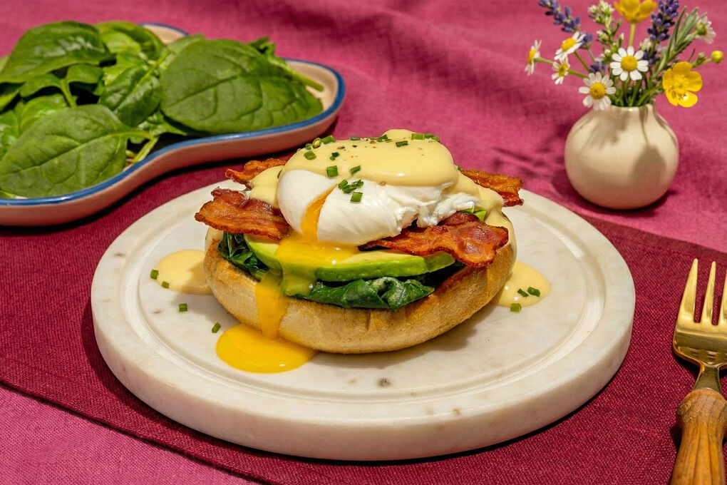 Croque Benedict mit Bacon mit Avocado und Babyspinat