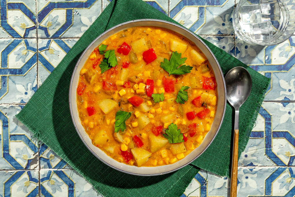 Cremiger Gemüseeintopf Cajun-Style mit Mais, Kartoffeln und Petersilie