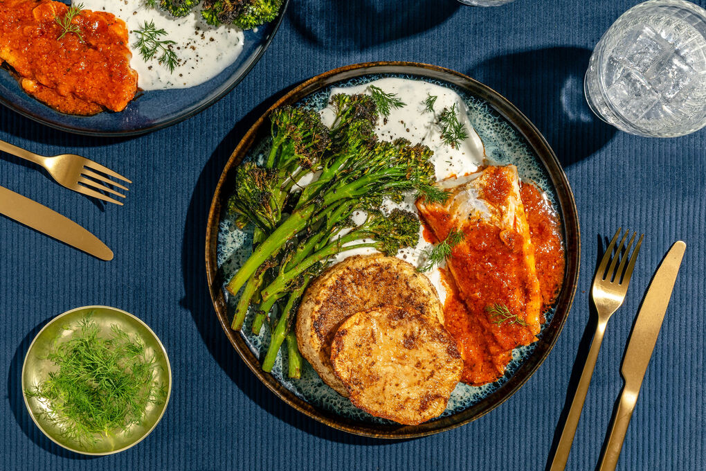 Harissa-Kabeljaufilet auf Fetacreme mit gerösteten Selleriesteaks und Brokkolini