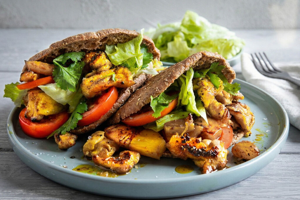 Gebratenes Curry-Hähnchen mit Ananas in Vollkornpita mit Tomate und Salat