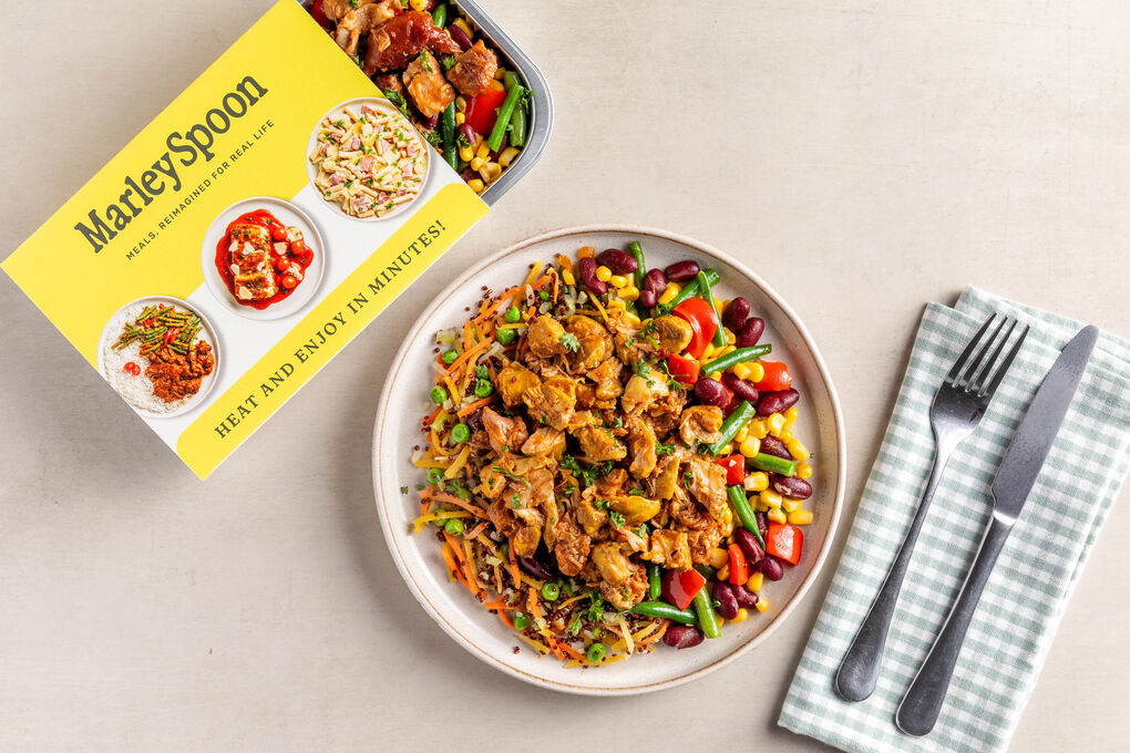 Mexikanisches Pulled Chicken mit Quinoa und buntem Bohnen-Gemüse