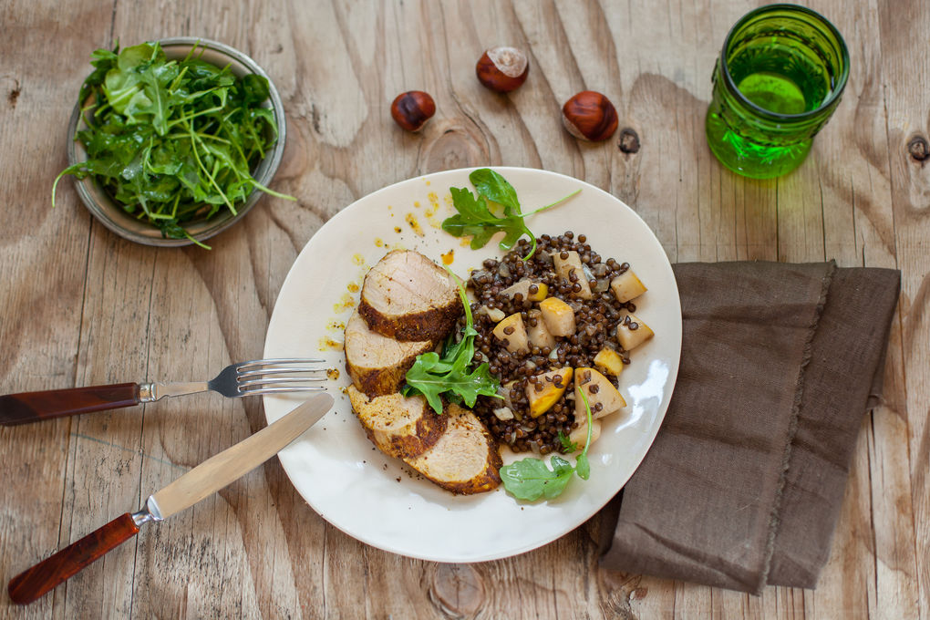 Schweinefilet Cape Melay mit fruchtigem Birnen-Linsen Gemüse