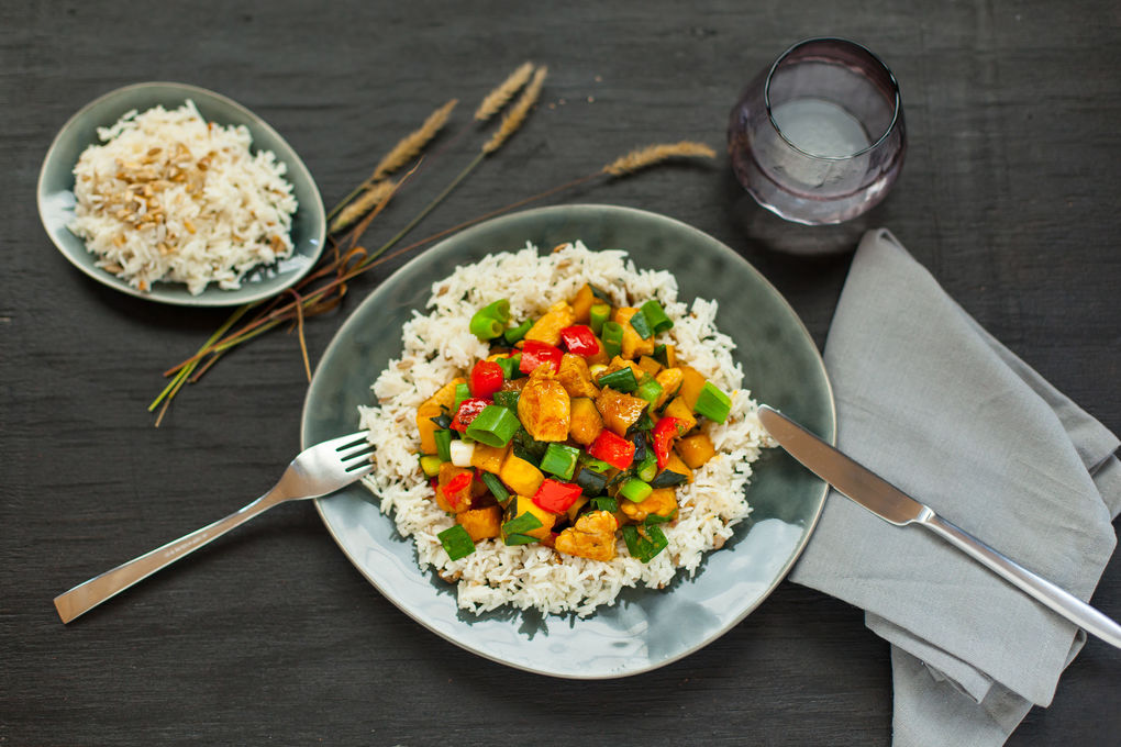 Kürbis-Huhn süß-sauer mit Basmati-Reis