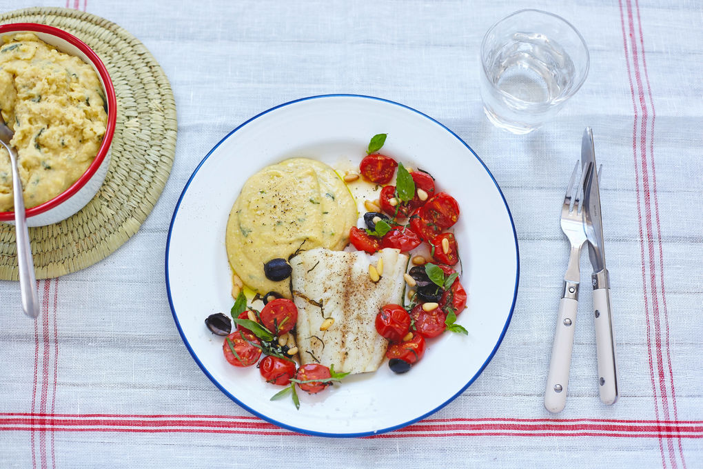 Seelachs ‘mediterran‘ mit Basilikum-Polenta