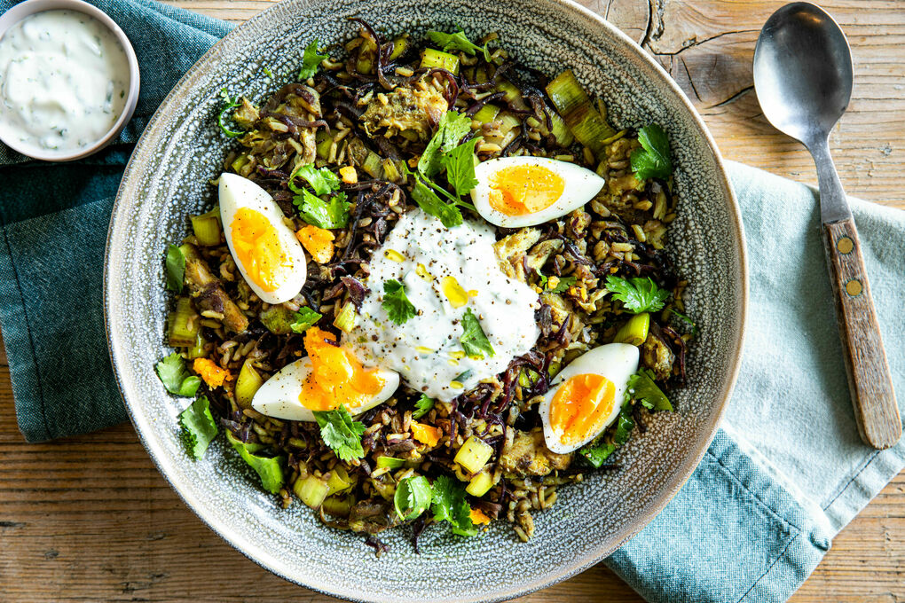 Kedgeree mit Räuchermakrele und Ei serviert mit Korianderjoghurt