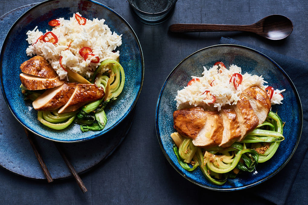 Gebackene Hähnchenbrust mit Kokos-Reis und Ingwer-Pak Choi